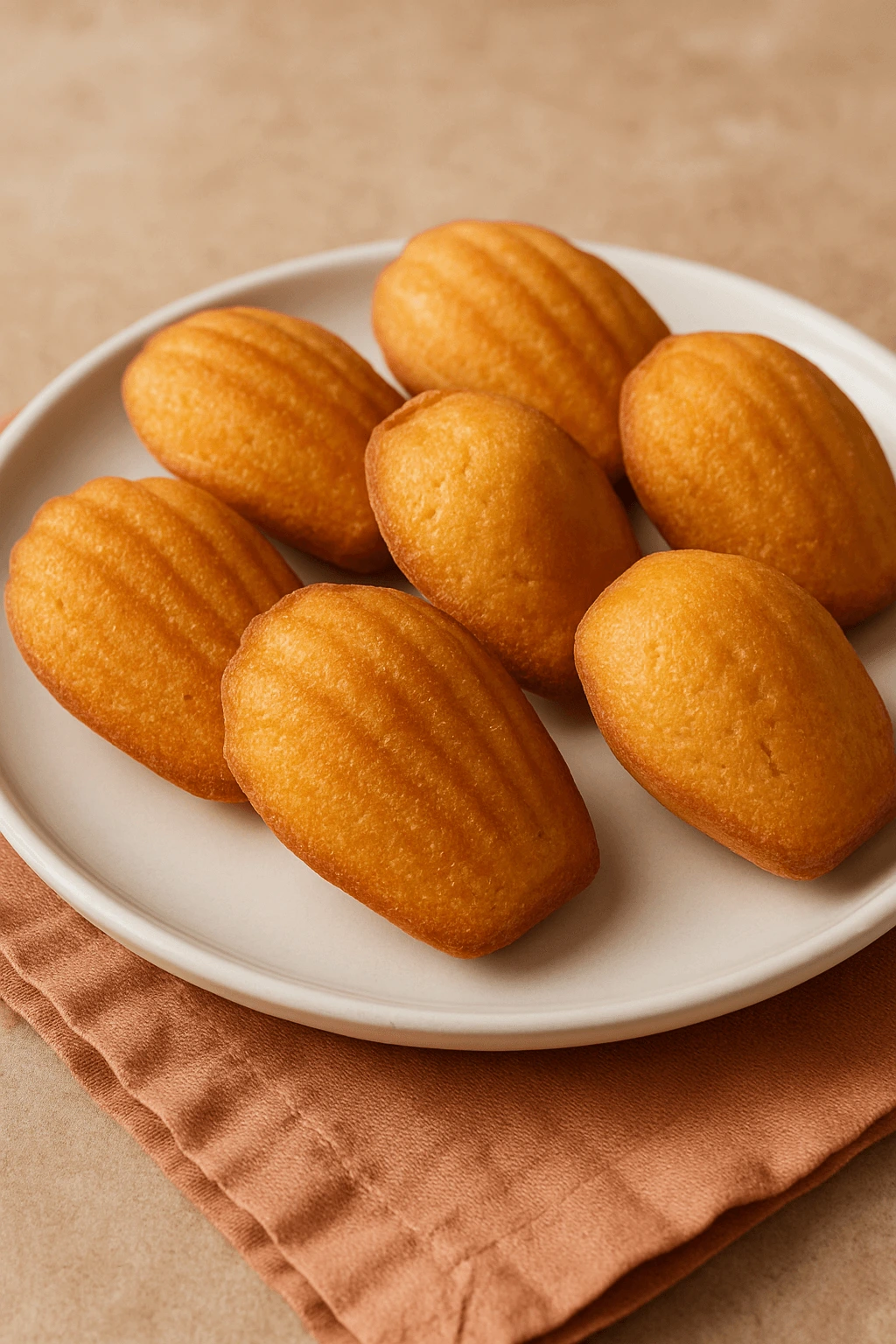 Golden, perfectly risen madeleines with a classic shell shape, ready to be enjoyed