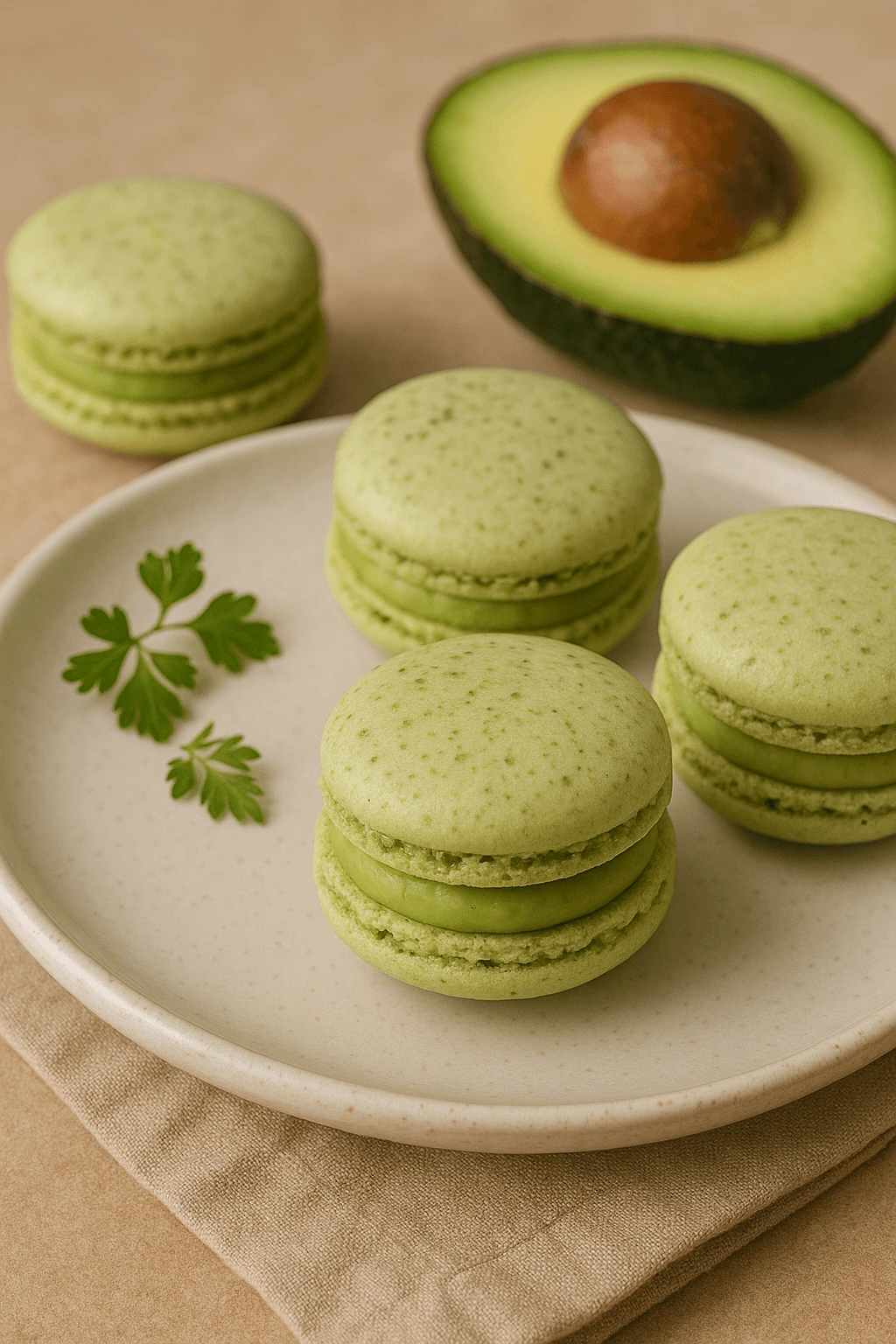 Close-up of savory avocado macarons with vibrant green filling, delicately assembled on a white plate for gourmet presentation.