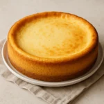 A baked cheesecake in the oven with a golden top and slightly puffed texture."