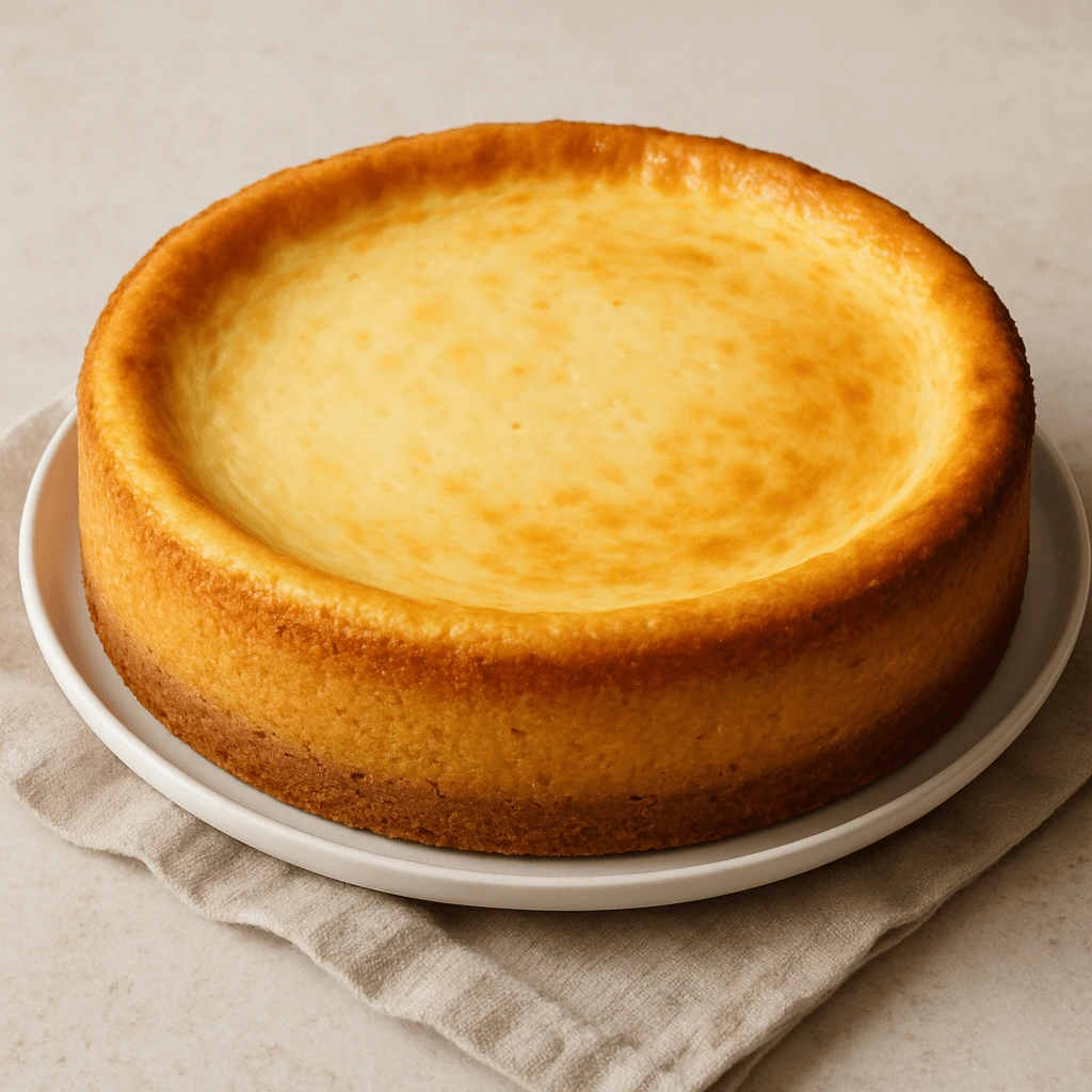 A baked cheesecake in the oven with a golden top and slightly puffed texture."
