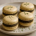 Four savory macarons filled with black olive tapenade and cheese, elegantly plated with fresh herbs and lemon zest.