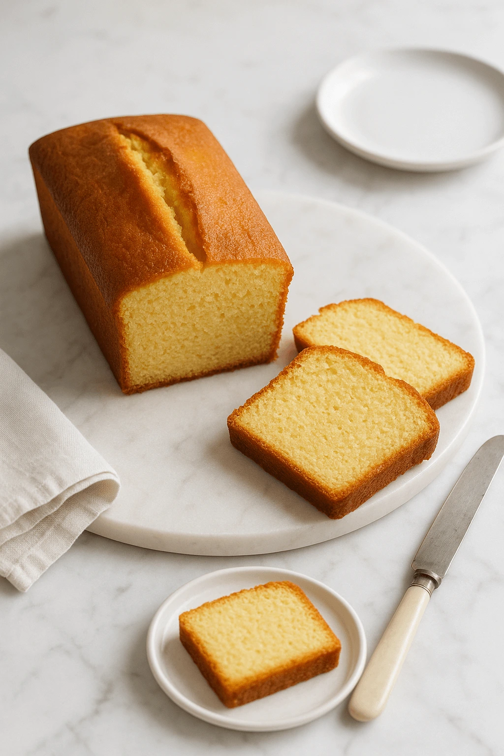 Gâteau quatre-quarts doré, tranché, sur une planche en bois, avec une texture moelleuse et légère