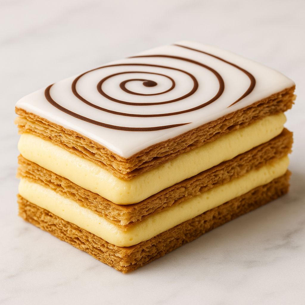 Slice of millefeuille on a porcelain plate, showing crisp pastry layers, creamy vanilla filling, and chocolate-glazed fondant top