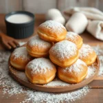 Golden donuts dusted with powdered sugar on a rustic wooden table, with a warm and inviting atmosphere