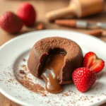 Close-up of a freshly baked French moelleux au chocolat with a soft, molten chocolate center and a crisp exterior, served on a white plate.