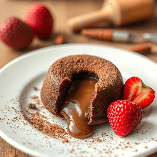 Close-up of a freshly baked French moelleux au chocolat with a soft, molten chocolate center and a crisp exterior, served on a white plate.