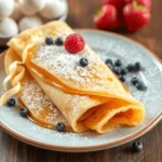 Golden, paper-thin French crêpes stacked on a plate with a crisp lacy edge, served with fresh fruit and a drizzle of syrup.