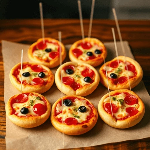A plate of mini pizzas with a variety of toppings like pepperoni, vegetables, and cheese.