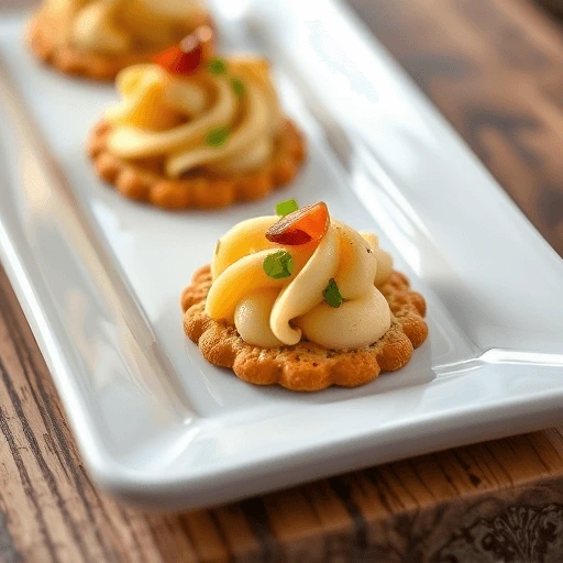 Close-up of gourmet foie gras canapés topped with toasted pecans on crisp salted crackers.