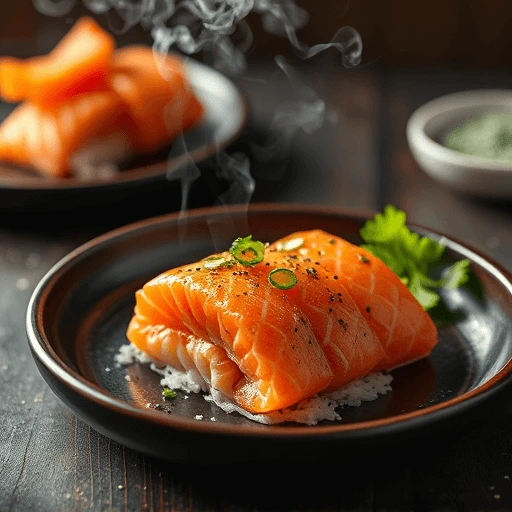 Close-up of crispy smoked salmon maki rolls garnished with Japanese seed mix, showing creamy filling and golden crunchy coating.