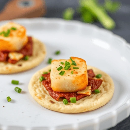 Mini tartares de Saint-Jacques finement coupées, garnies de pistaches concassées, servis sur des tortillas croustillantes, prêts en quatre minutes.