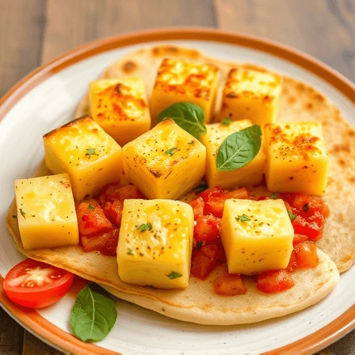 Golden cubes of Spanish tortilla with visible layers of egg and tortilla, served on a wooden board with fresh herbs and toothpicks.