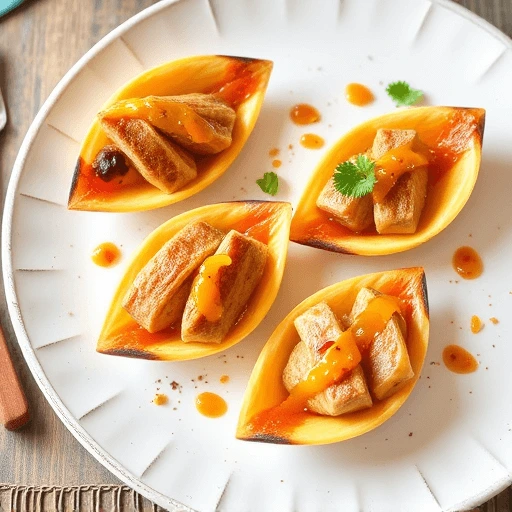 Elegant duck breast crisps topped with mango chutney and crushed peanuts on thin tuiles, arranged on a white platter with microgreens.