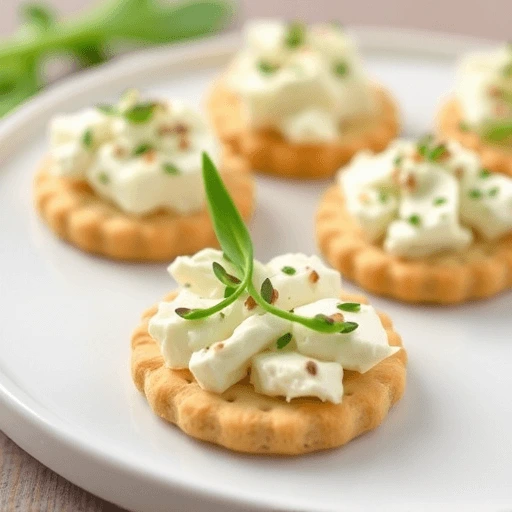 Close-up of elegant canapés with crackers topped with creamy gorgonzola, thin pear slices, and smoked almonds on a dark serving platter