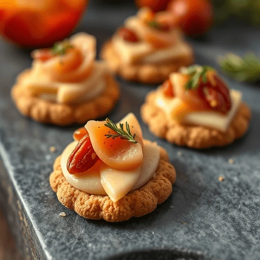 Close-up of elegant foie gras canapés on salted crackers, topped with glossy onion confit and toasted pecans, arranged beautifully on a serving platter.