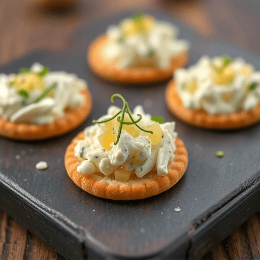 Close-up of gourmet canapés featuring crackers topped with creamy gorgonzola, thin pear slices, and smoked almonds