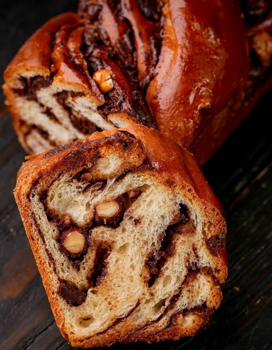 Babka dough rolled with chocolate hazelnut spread