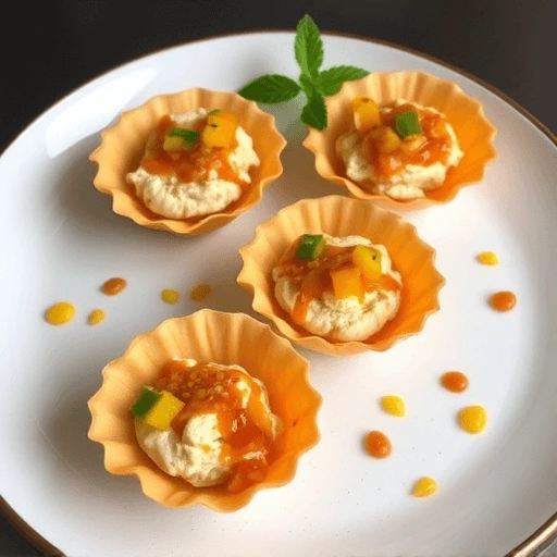 Crispy savory tuile topped with smoked duck breast, mango chutney, and crushed peanuts on a white plate