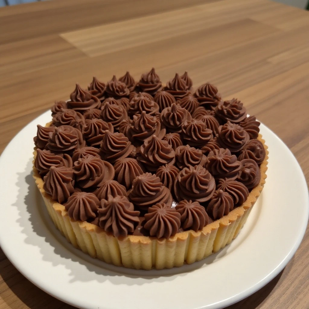 Overhead view of a glossy milk chocolate tart set in a cocoa pastry crust, resting on a marble surface
