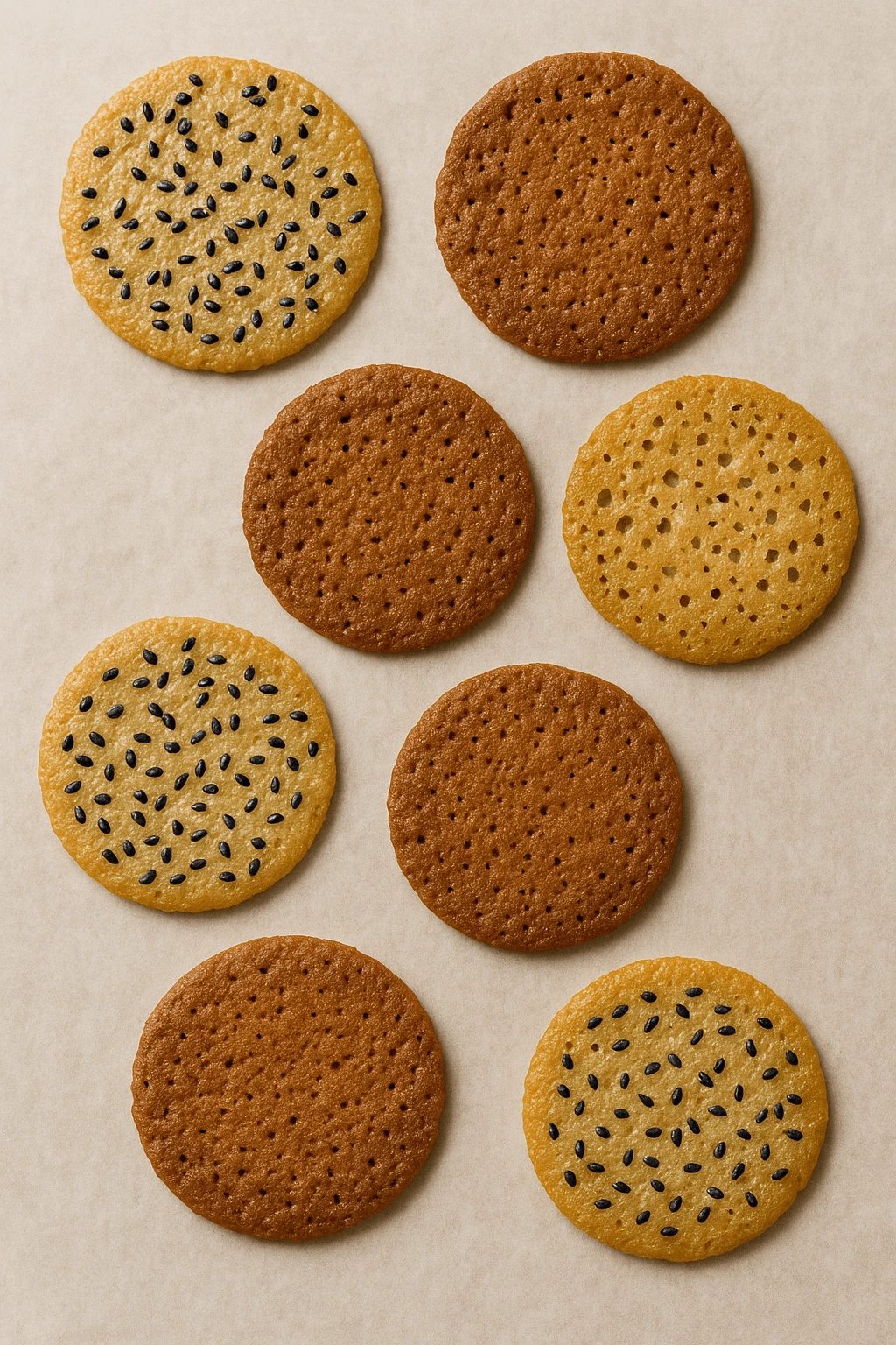 “Black sesame and gingerbread tuiles on parchment paper”